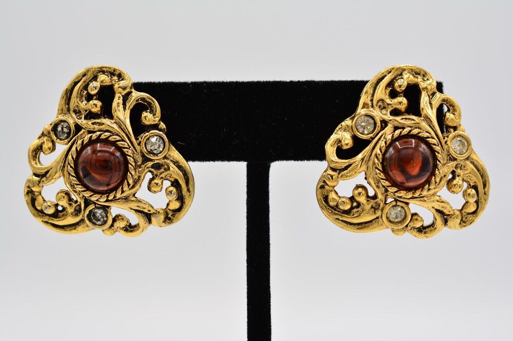 Vintage Cabochon Earrings Amber Antiqued Gold Rhinestone Filigree 1980s BinAF